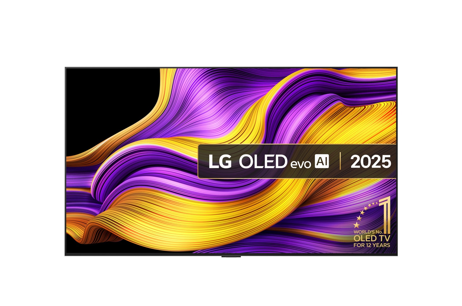 Telewizor LG OLED evo AI z 2025 roku z fioletowo-żółtymi falami.