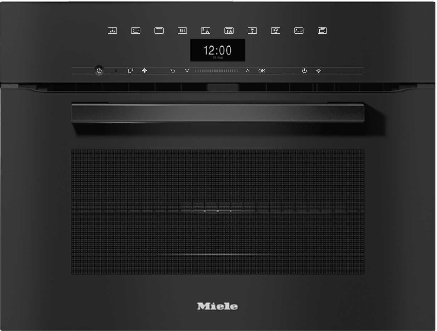 Schwarzer Miele Backofen mit Touchscreen-Bedienfeld und silbernem Griff.