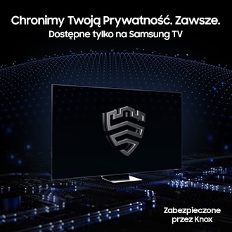Telewizor Samsung z ochroną Knox i logo tarczy. Wzór sieci w tle.