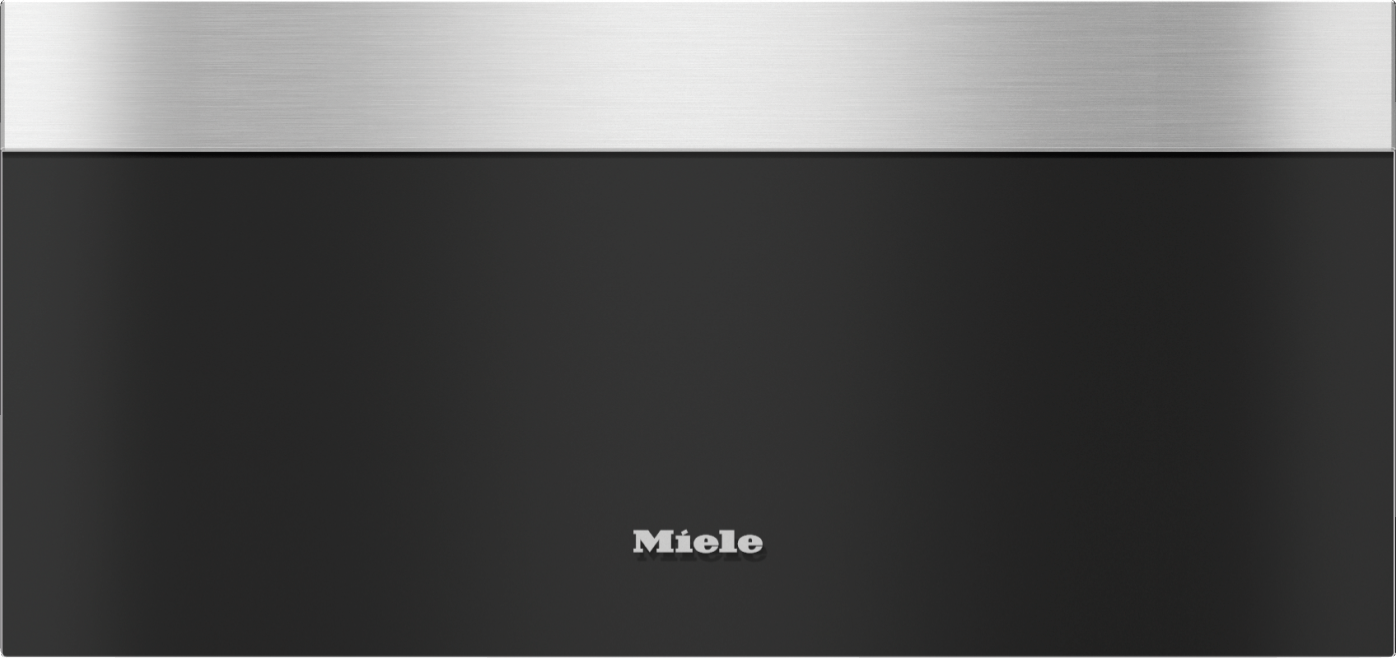Ein schwarzer Geschirrspüler mit einem silbernen Streifen oben. Miele-Logo in der Mitte.