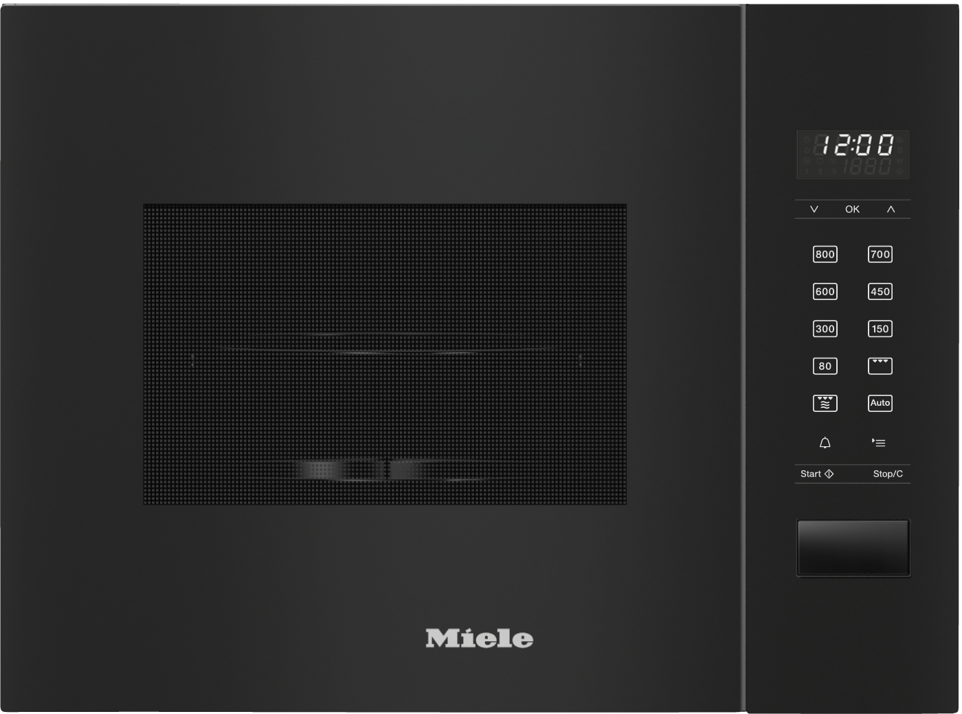 Schwarze Miele Mikrowelle mit digitaler Anzeige und Bedienfeld.