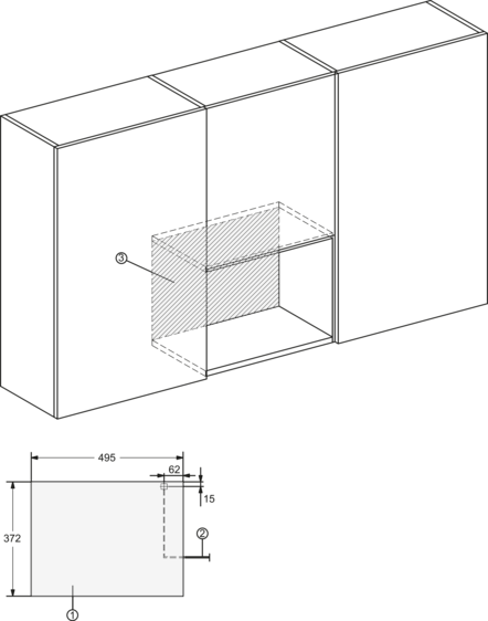 Eine 3D-Ansicht eines Schranks mit einer Schublade und einem Detailplan darunter.