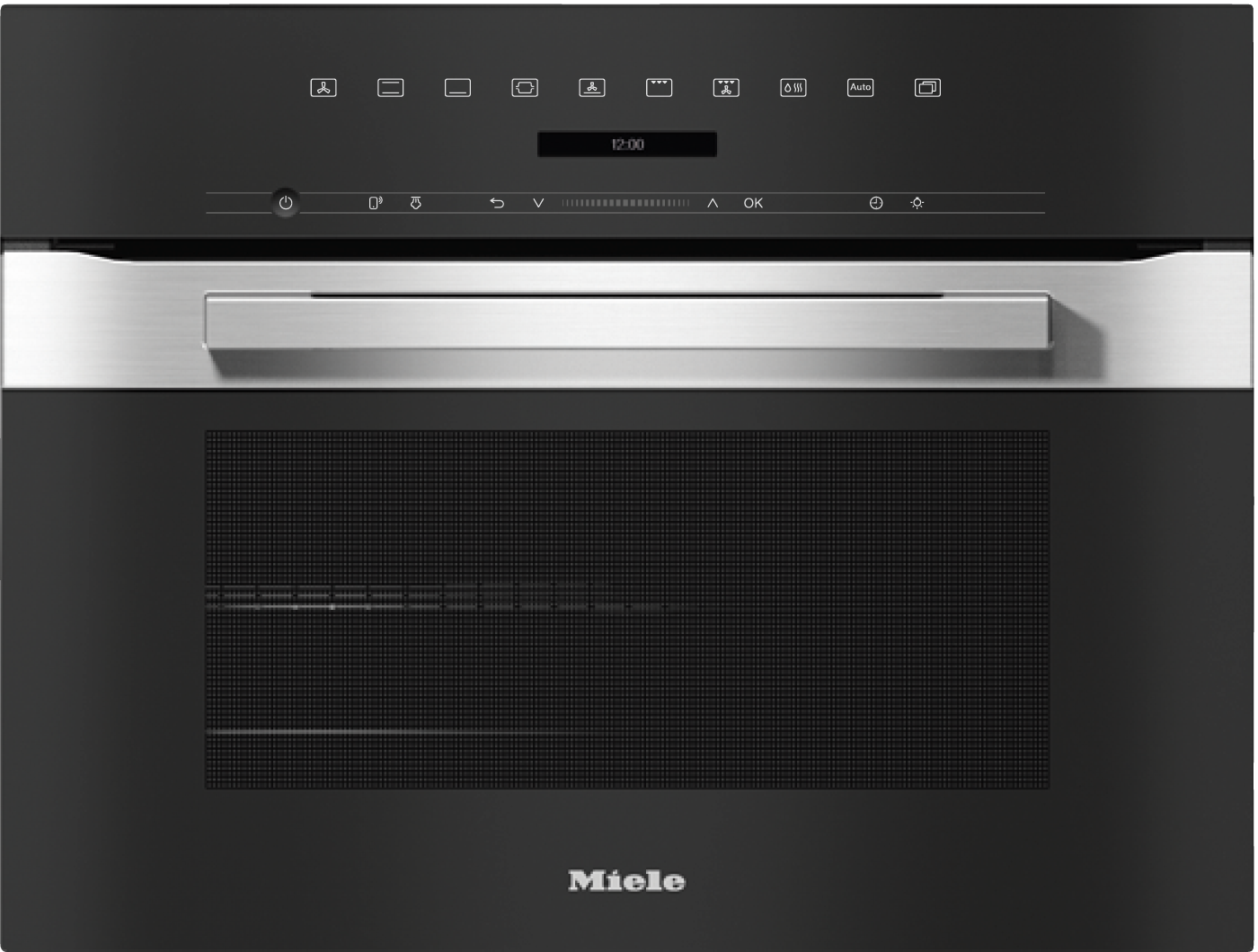 Ein moderner Miele-Ofen mit Touchscreen-Bedienfeld und silbernem Griff.