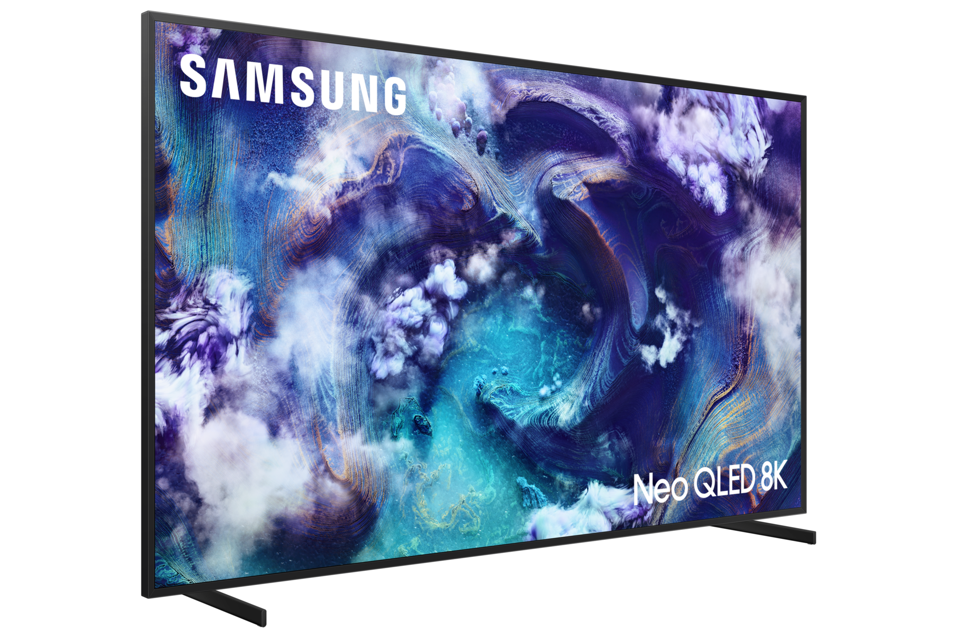 Telewizor Samsung Neo QLED 8K wyświetla abstrakcyjną, wirującą grafikę w kolorach niebieskim i fioletowym.