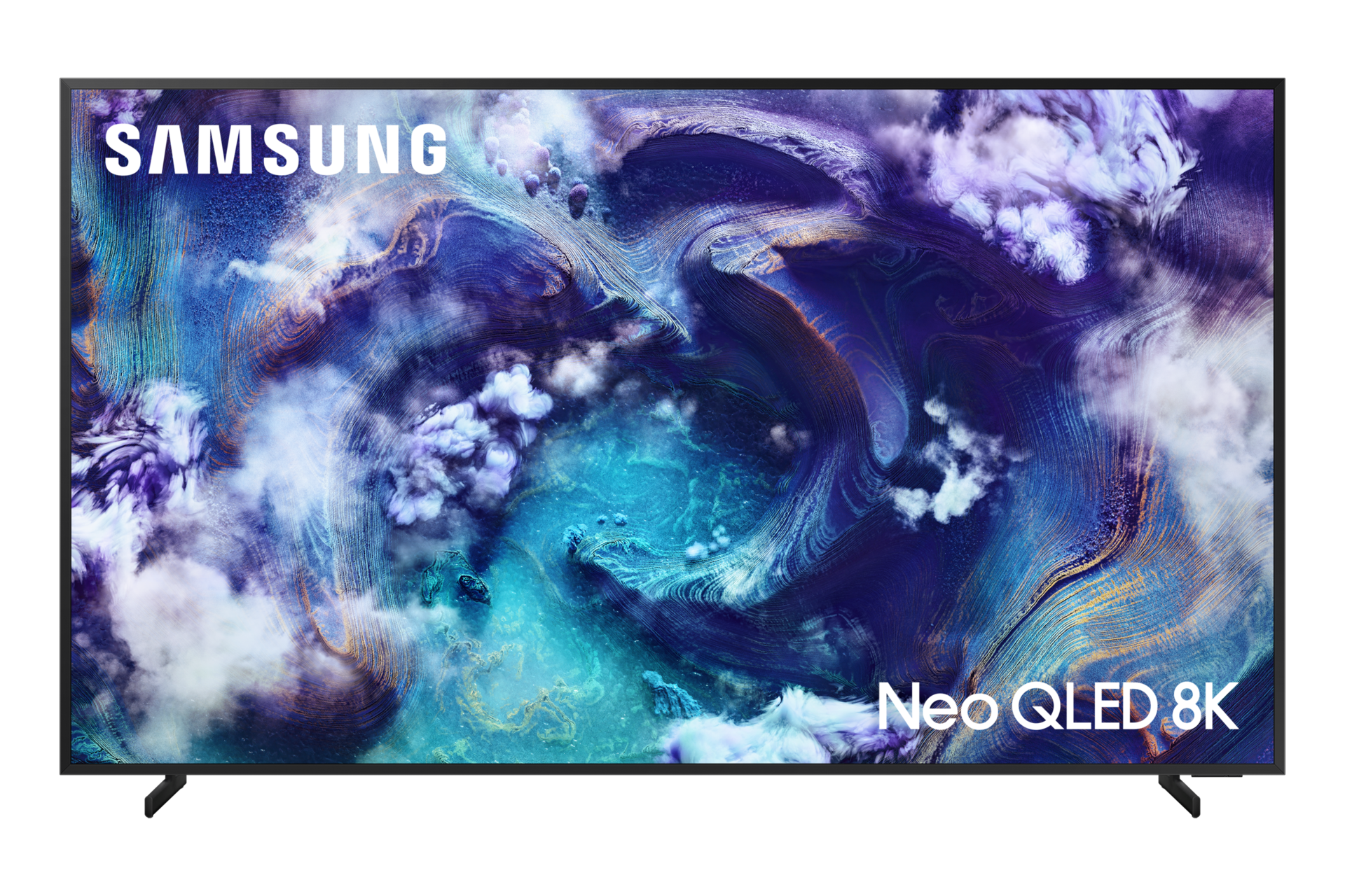 Telewizor Samsung Neo QLED 8K z wirującą niebiesko-fioletowo-białą abstrakcyjną grafiką ekranu.