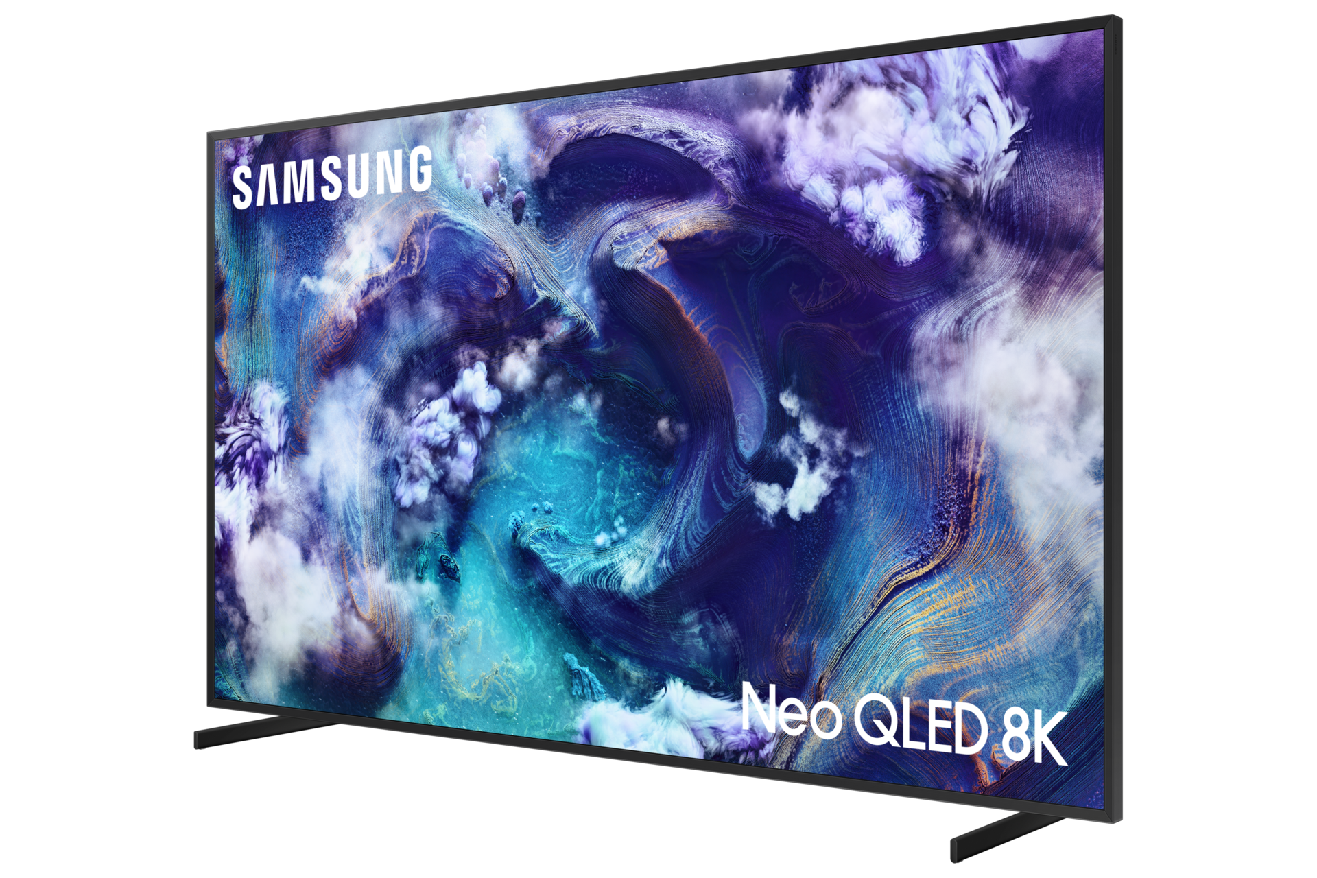 Telewizor Samsung Neo QLED 8K z abstrakcyjnym wzorem niebiesko-fioletowym.