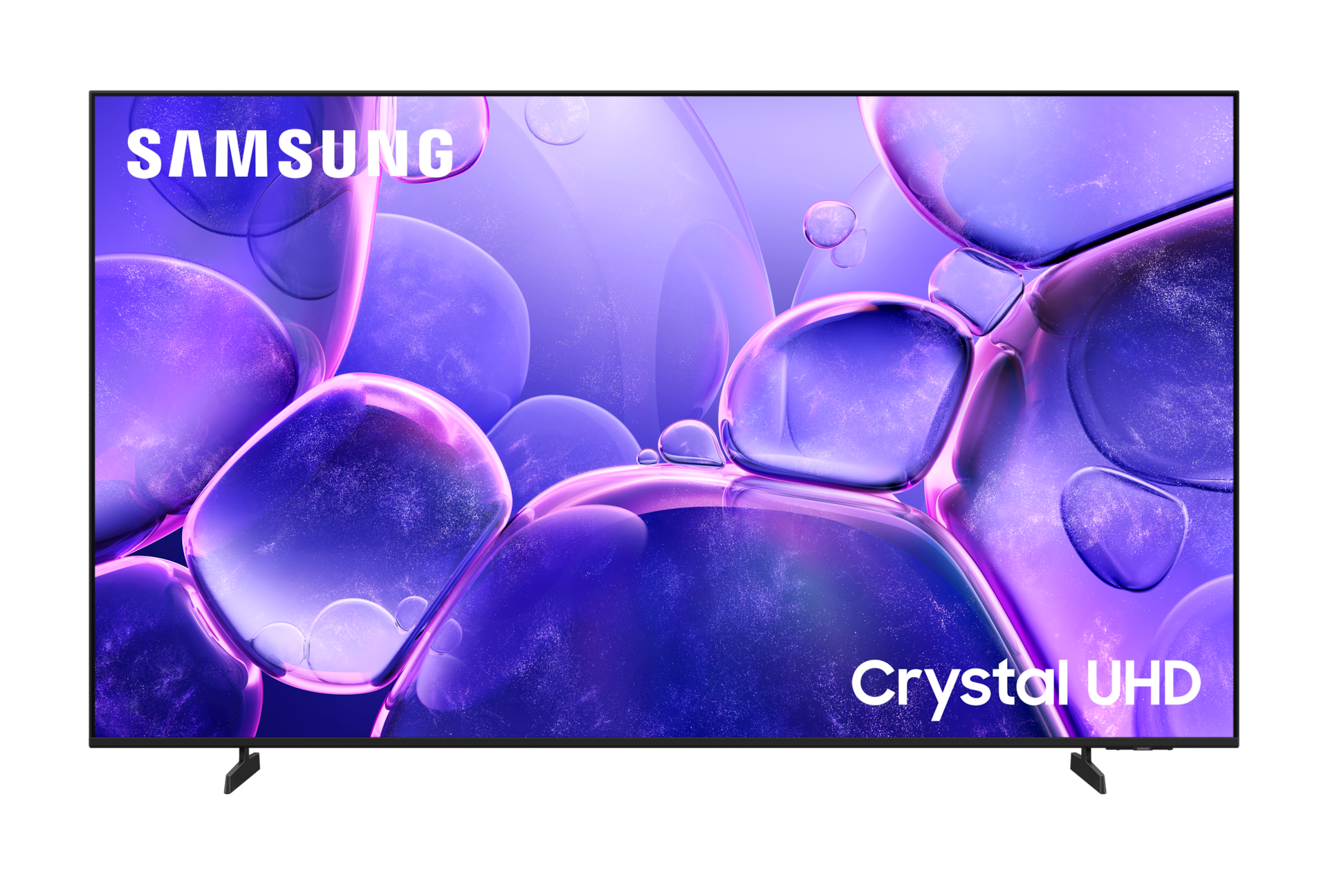Telewizor Samsung Crystal UHD z abstrakcyjnymi fioletowymi kształtami bąbelków na ekranie.