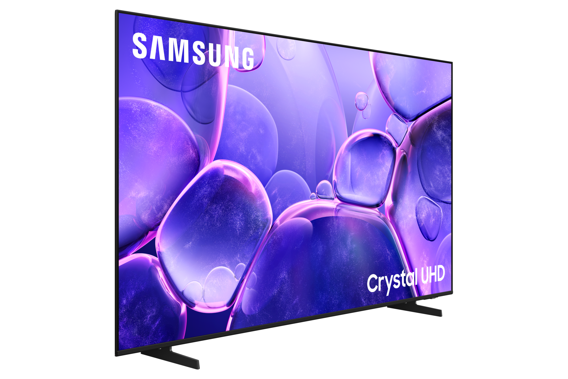 Telewizor Samsung Crystal UHD wyświetlający fioletowe bąbelki.