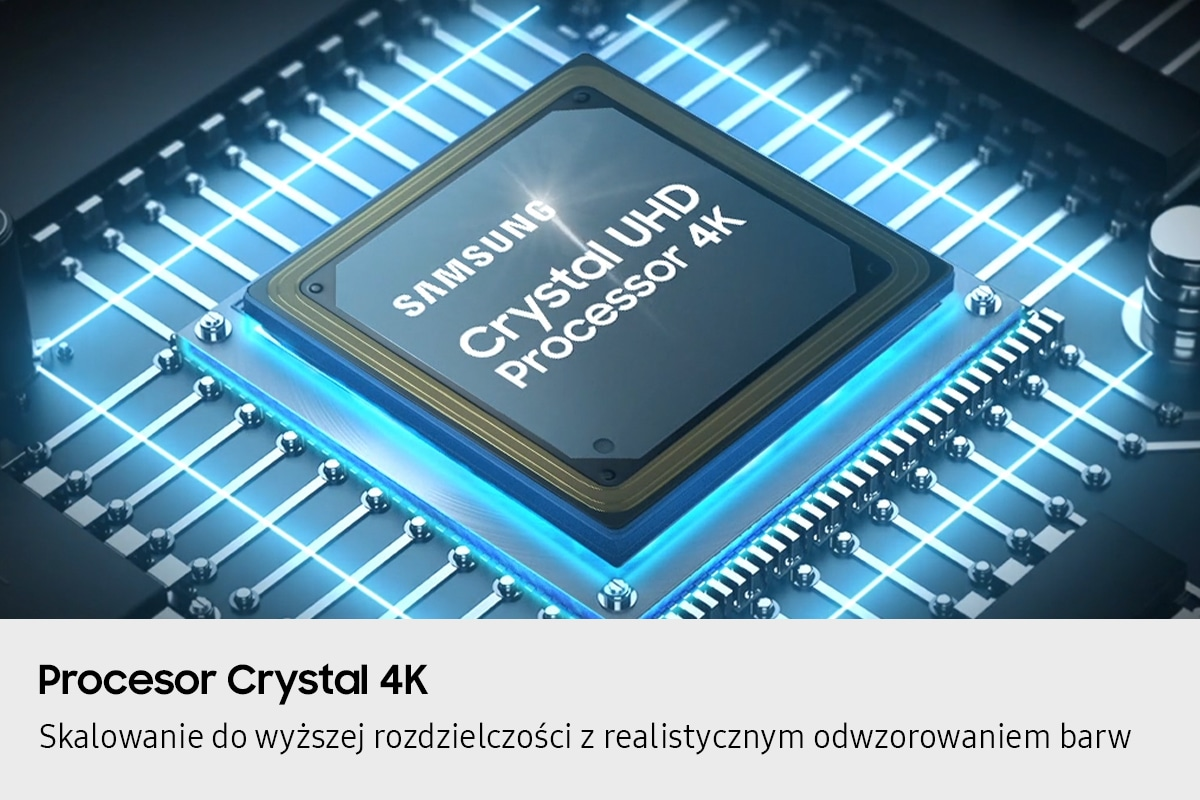 Procesor Samsung Crystal UHD 4K na płytce drukowanej z niebieskimi efektami świetlnymi.