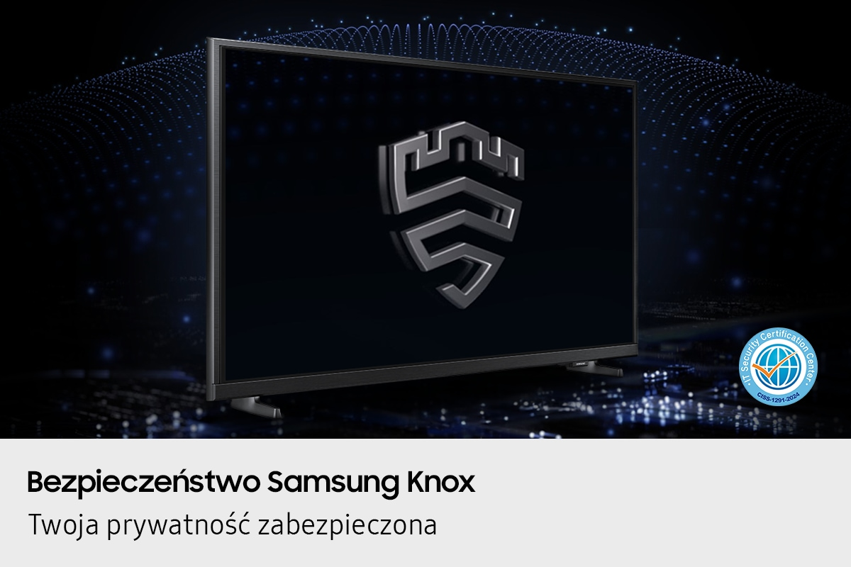 Telewizor z logo Samsung Knox i pieczęcią certyfikatu bezpieczeństwa.