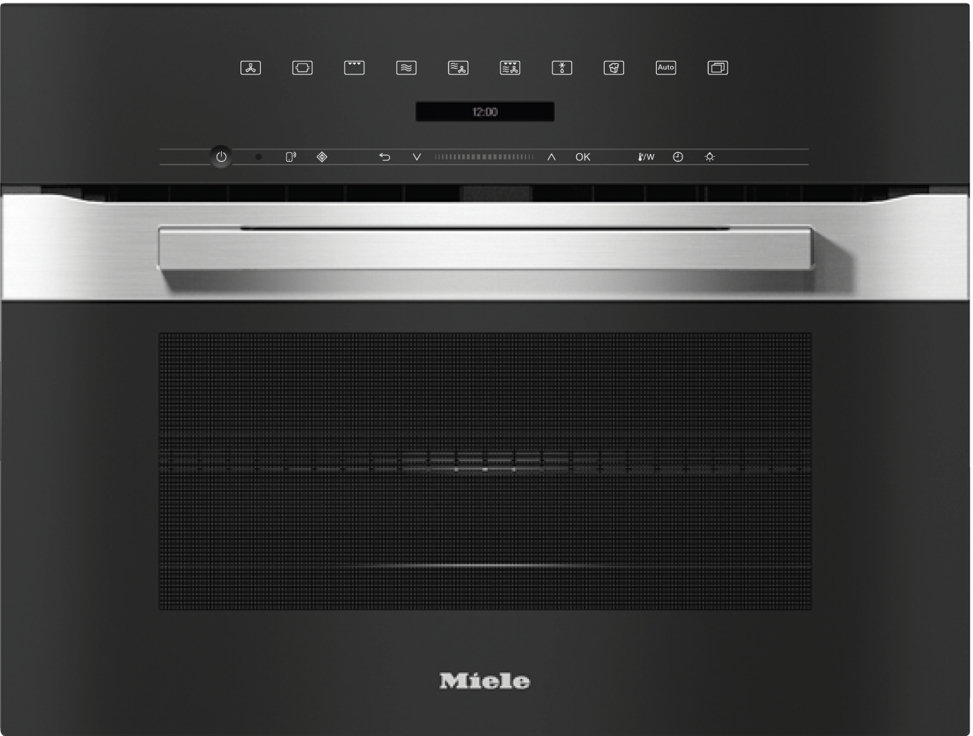 Edelstahl-Miele-Mikrowelle mit Touchscreen-Bedienfeld und Sichtfenster.