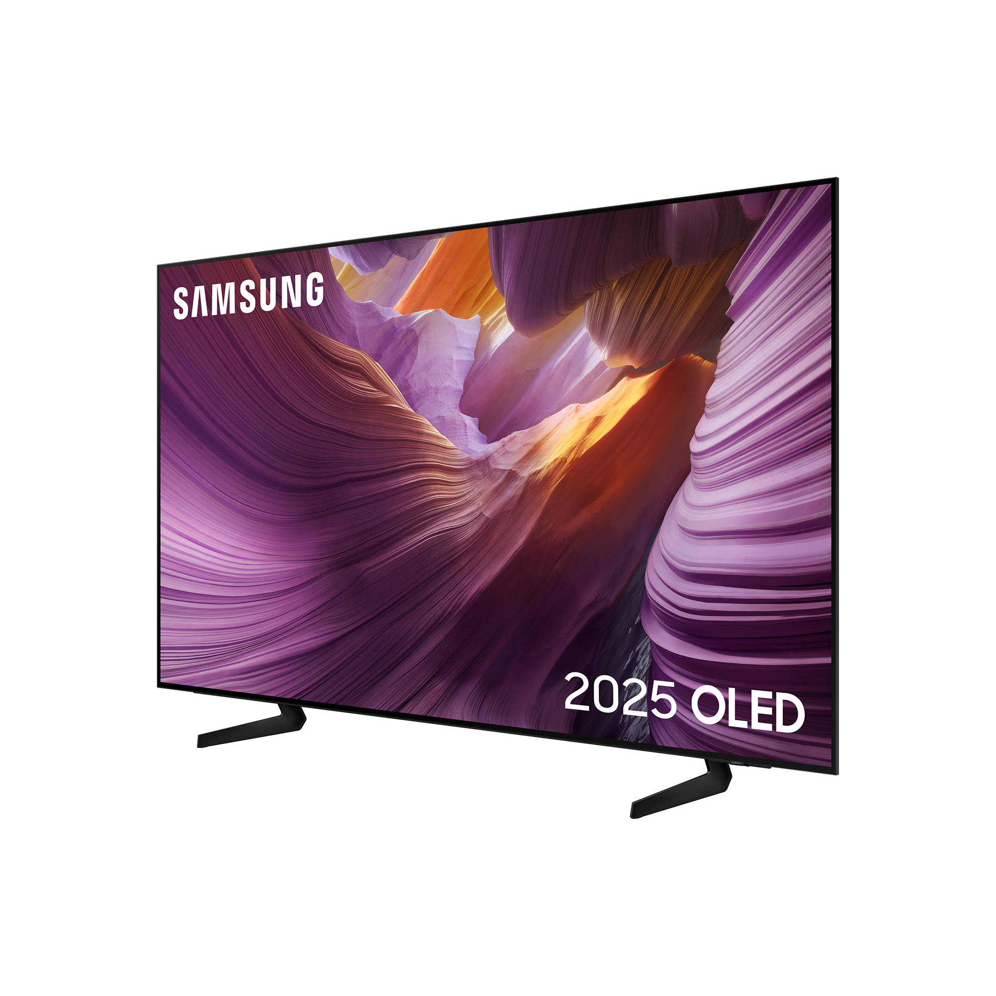 Telewizor Samsung OLED 2025 wyświetlający żywe, abstrakcyjne tło na ekranie.