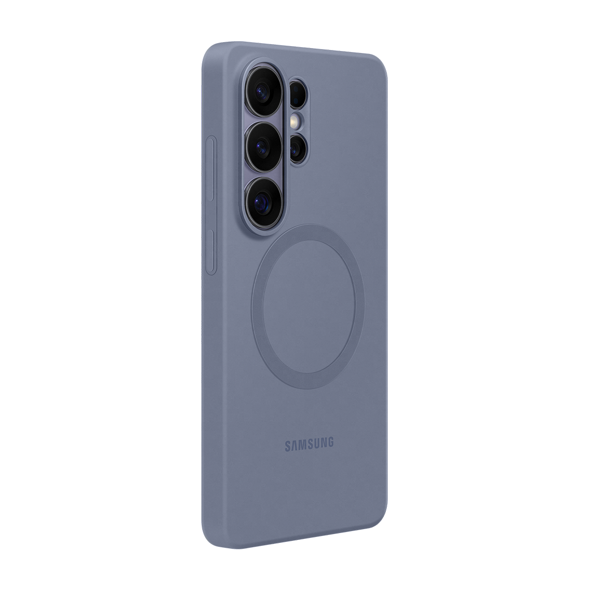 Ein blaues Handycover mit Kamerainsel und kreisförmiger Magnetladefläche.