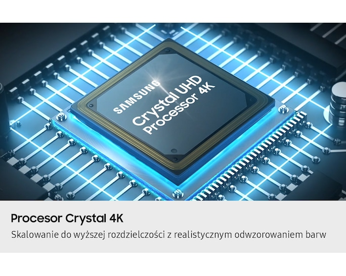 Procesor Samsung Crystal UHD 4K na płytce drukowanej z niebieskimi akcentami świetlnymi.