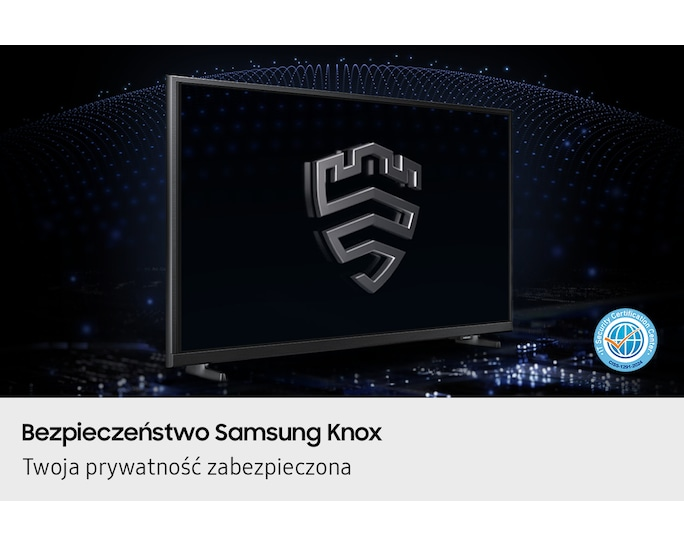Telewizor Samsung z logo tarczy bezpieczeństwa Knox i certyfikatem.
