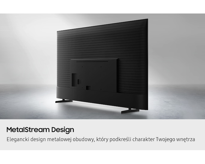 Tył czarnego telewizora z żebrowanym wzorem i podstawką.