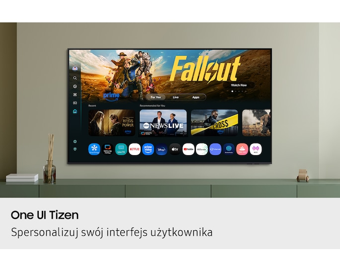 Nowoczesny telewizor Smart TV z menu "Fallout" i ikonami aplikacji.