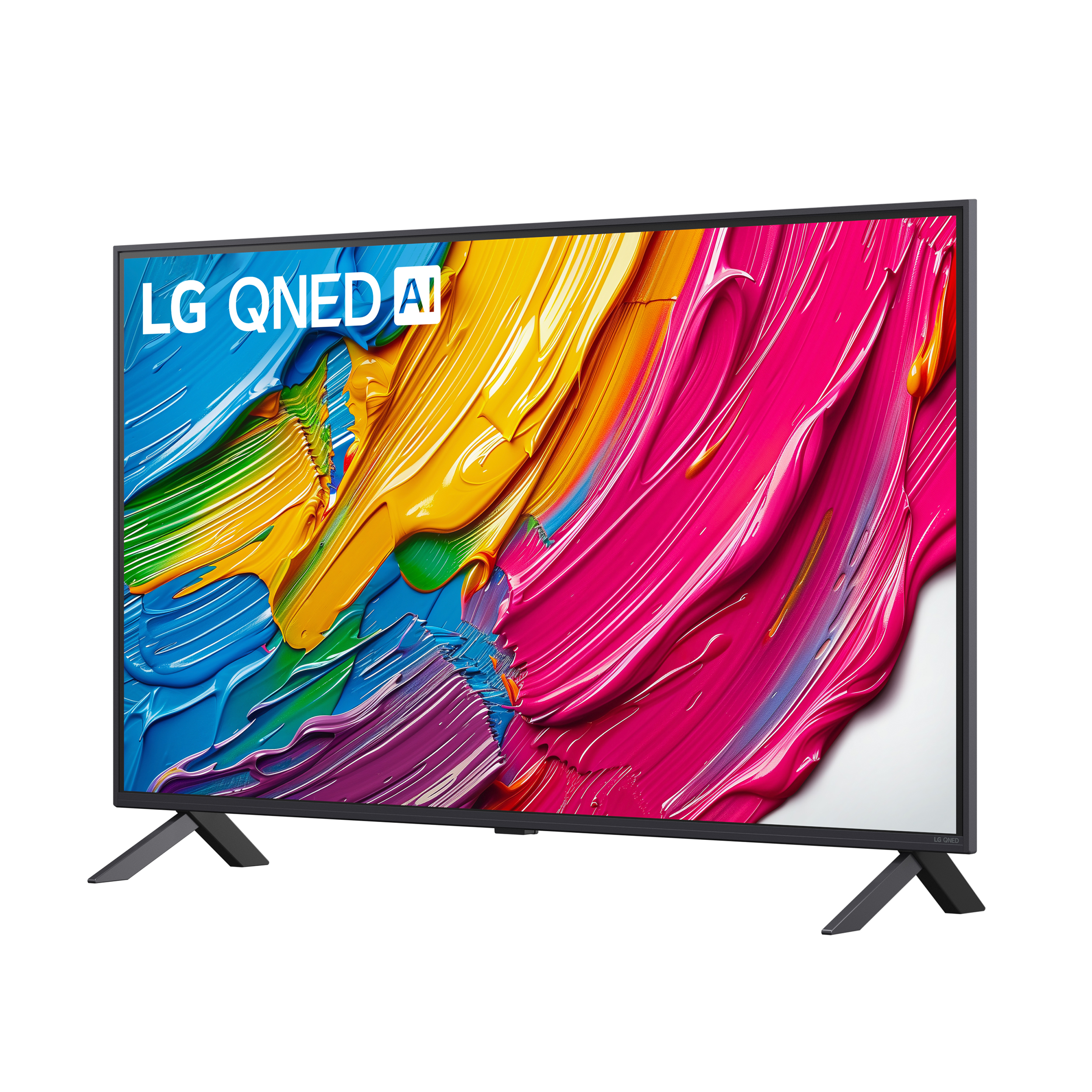 Telewizor LG QNED AI z żywymi pociągnięciami pędzla i czarnymi nogami stojaka.