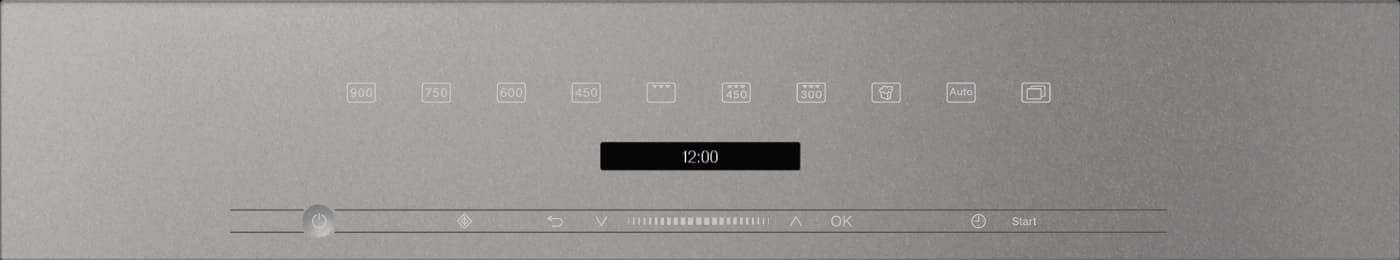 Ein silbernes Bedienfeld mit digitalen Symbolen und einer Zeitanzeige von 12:00.