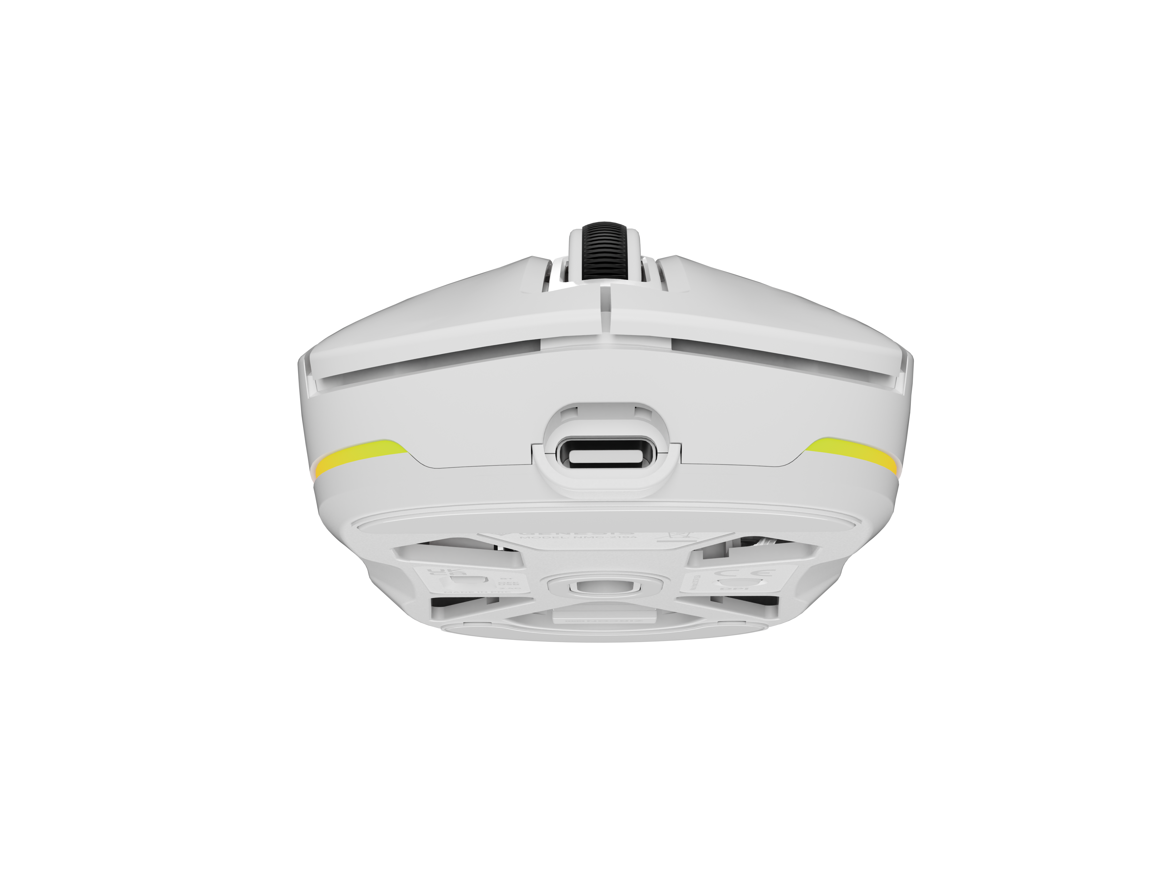 Biała mysz gamingowa z portem USB-C i żółtymi akcentami na czarnym tle.