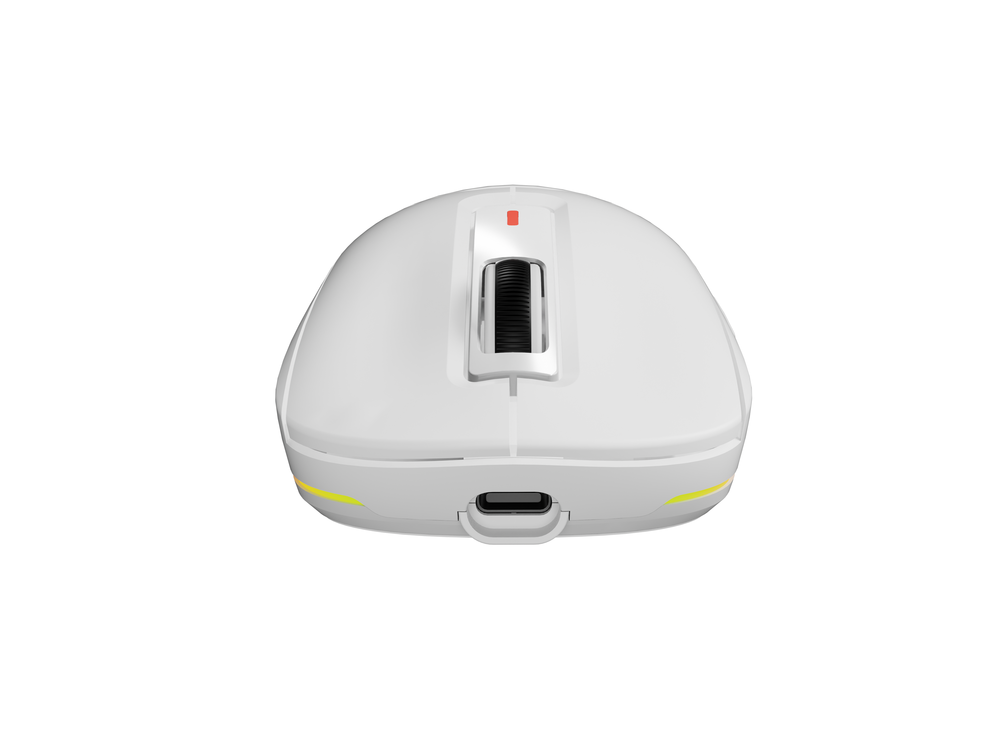 Biała mysz z kółkiem przewijania, czerwonym punktem i portem USB-C na czarnym tle.