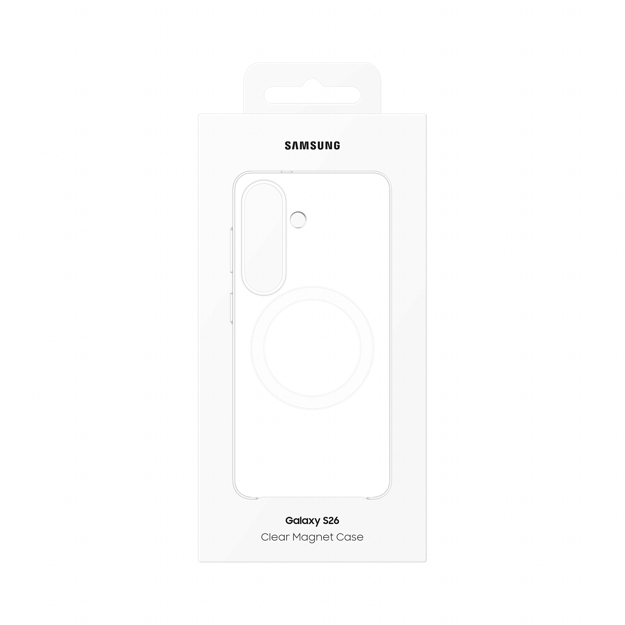 Samsung Galaxy S26 Clear Magnet Hülle auf weißem Karton.