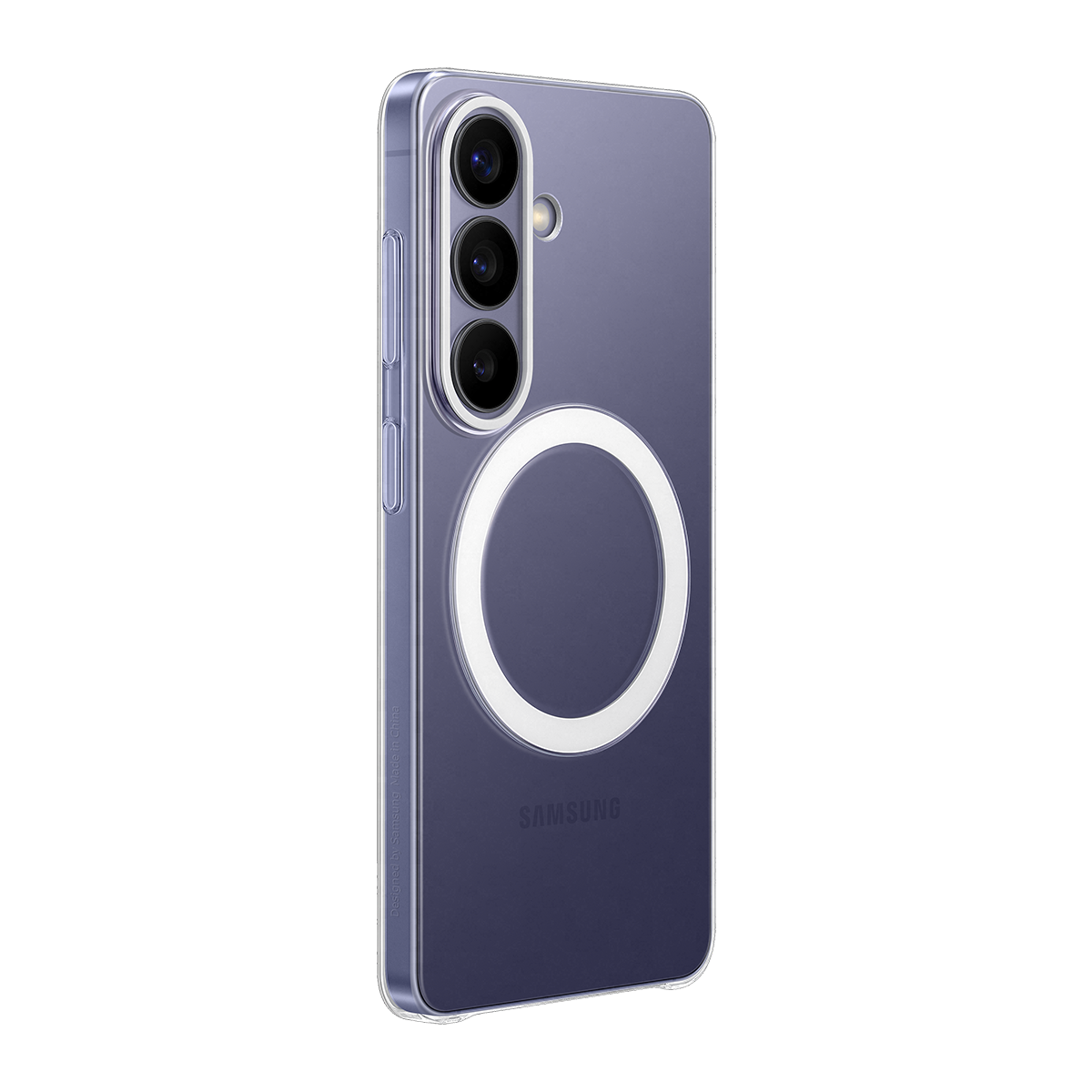 Transparente Hülle mit MagSafe-Ring auf einem violetten Samsung-Telefon.
