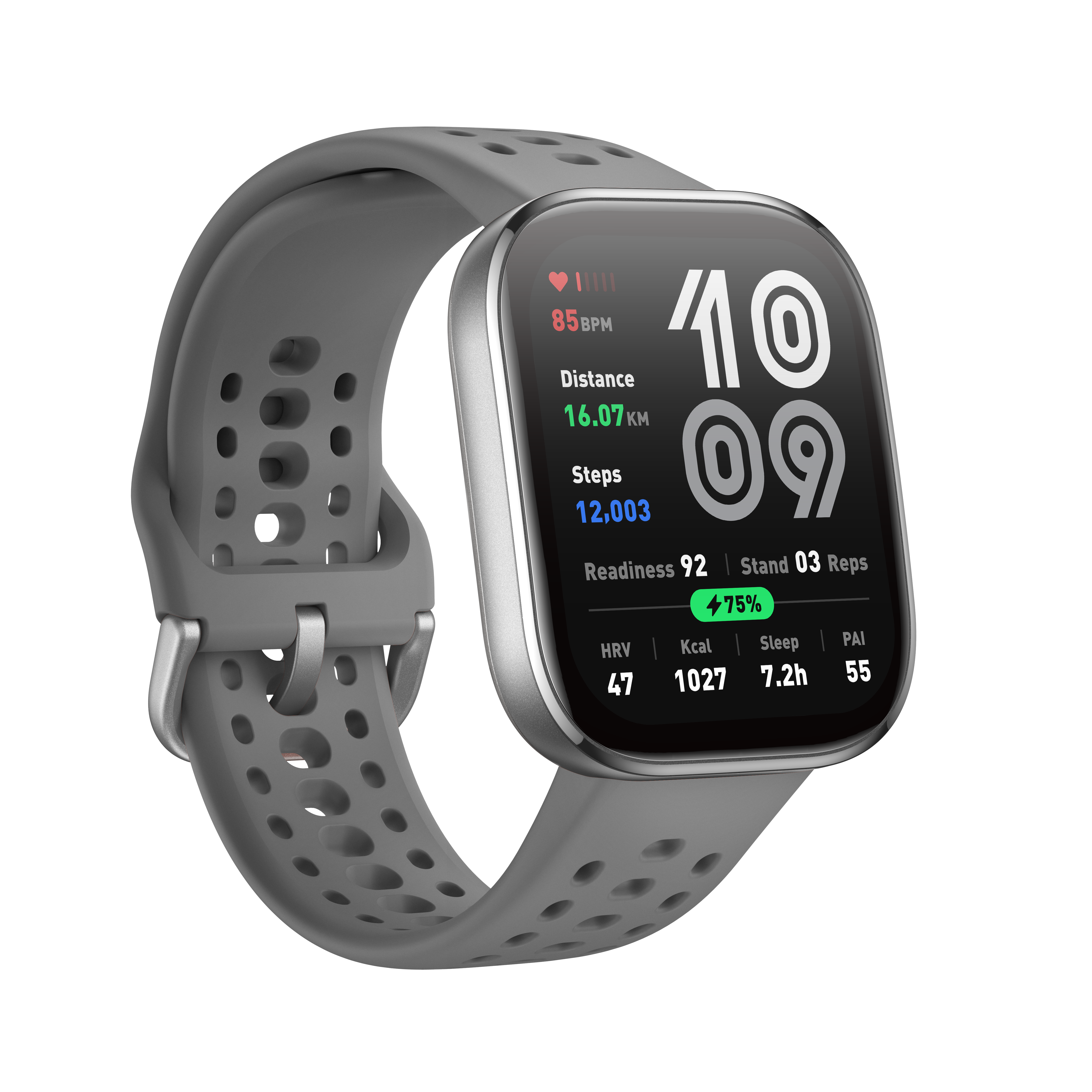 Szara inteligentna opaska sportowa: 85 BPM, 16,07 km, 12003 kroków.