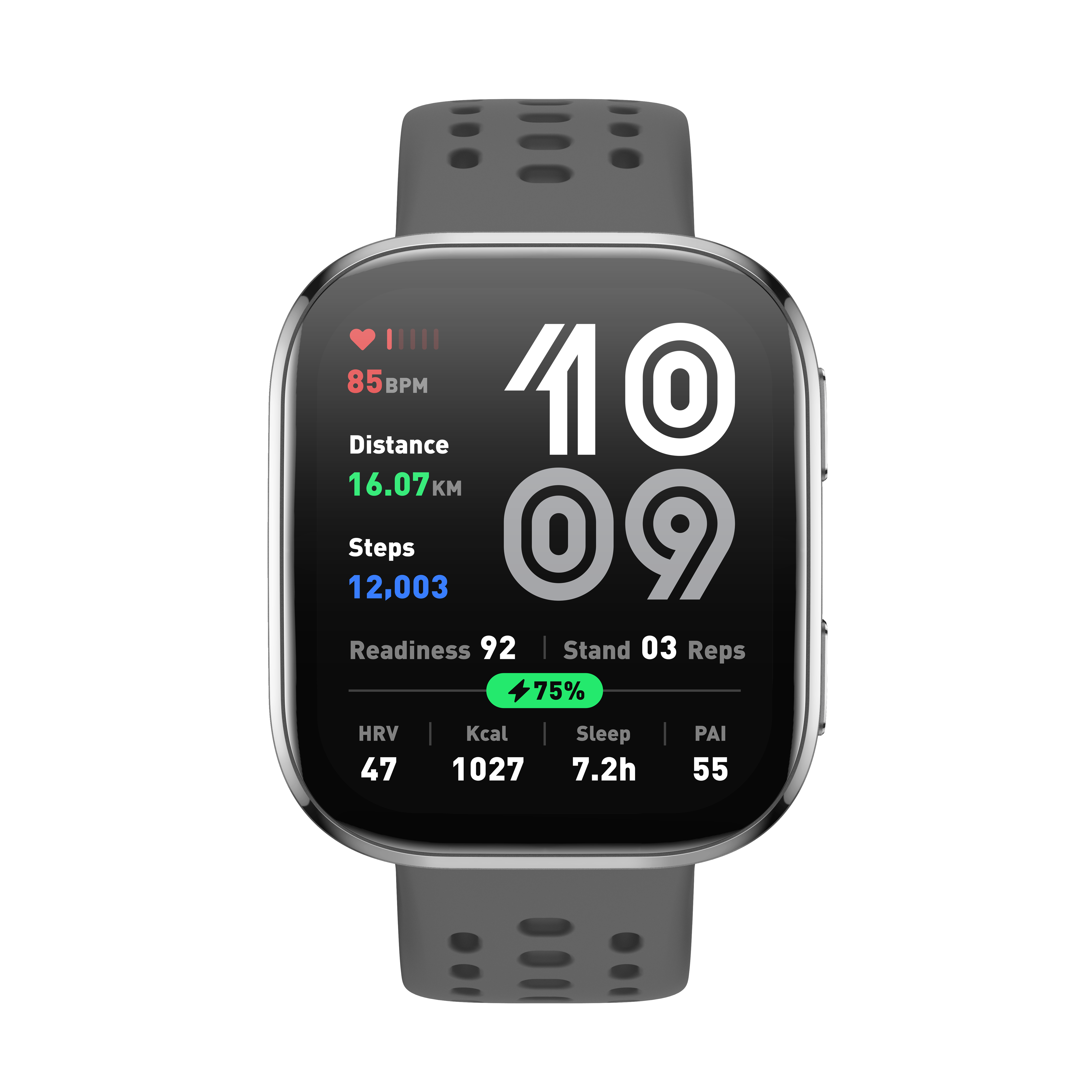 Szary smartwatch wyświetla dane fitness: 85 BPM, 16,07 km, 12 003 kroków, 75% baterii.