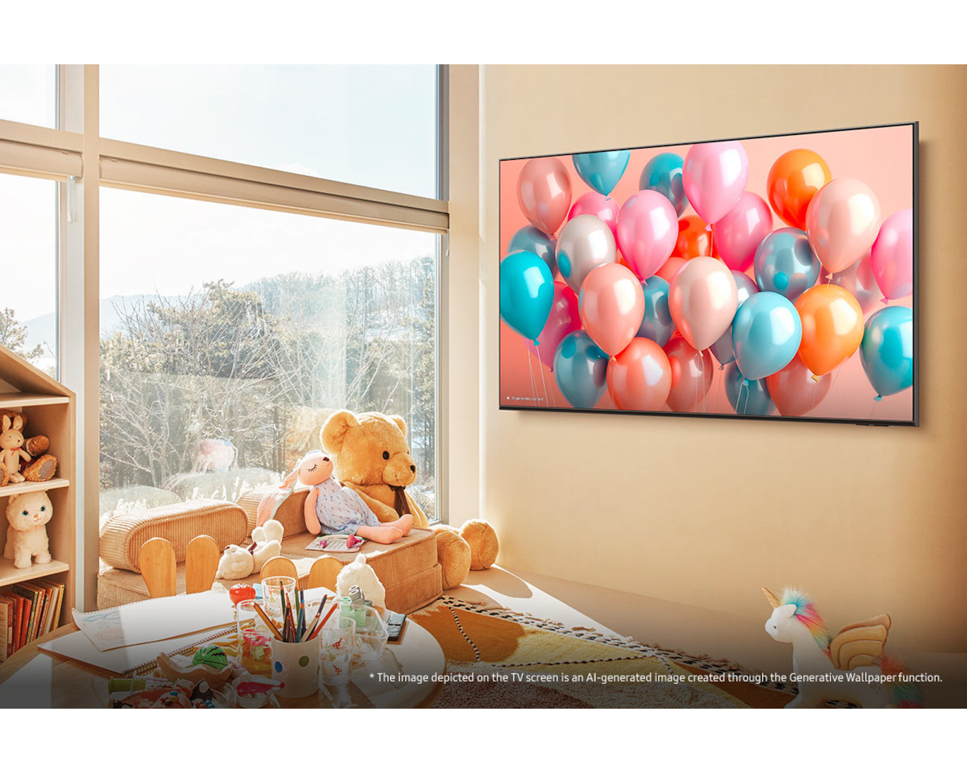 Telewizor wyświetla kolorowe balony z zabawkami na pierwszym planie, przy oknie.
