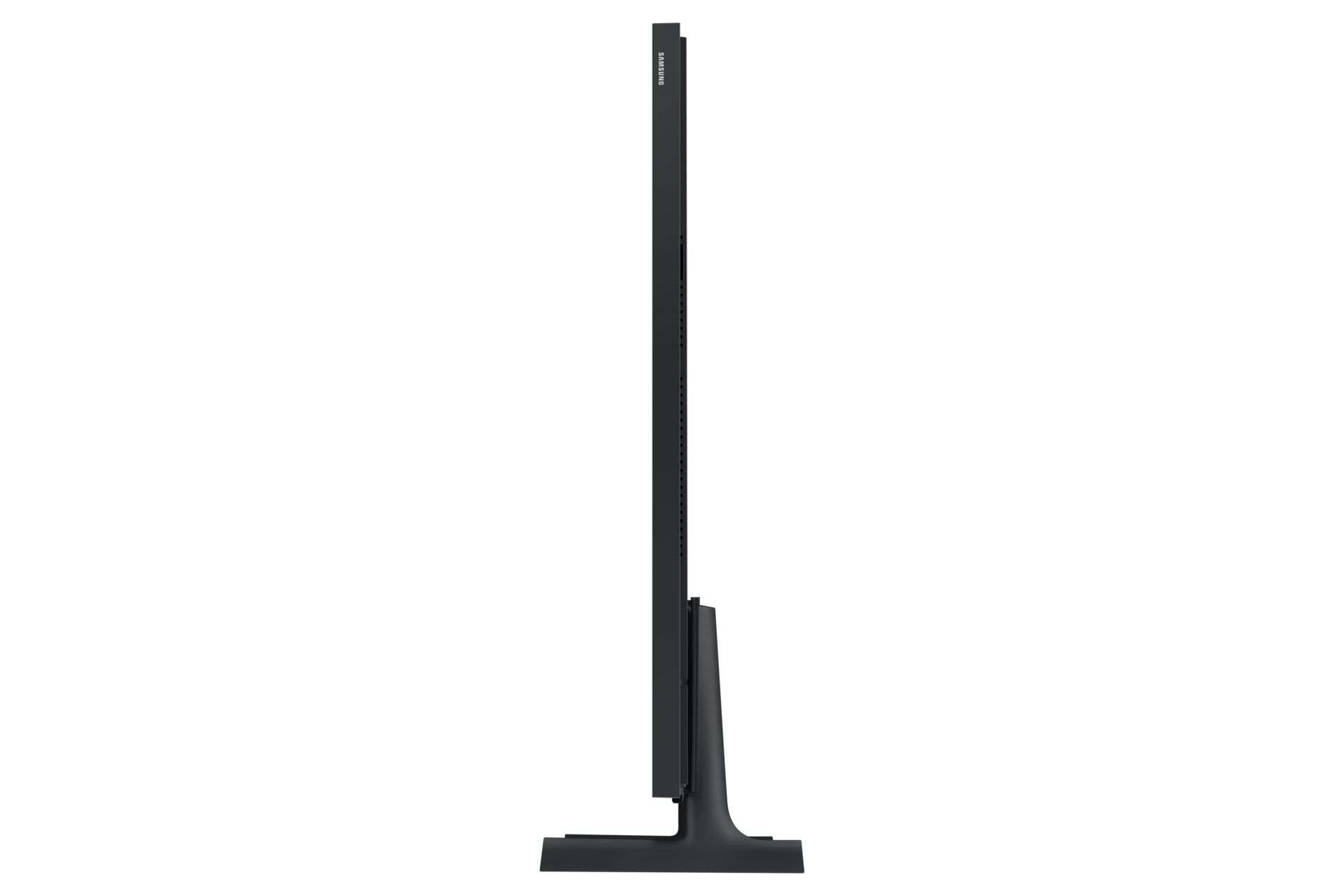 Czarny telewizor Samsung widziany z boku, z wąską podstawą.