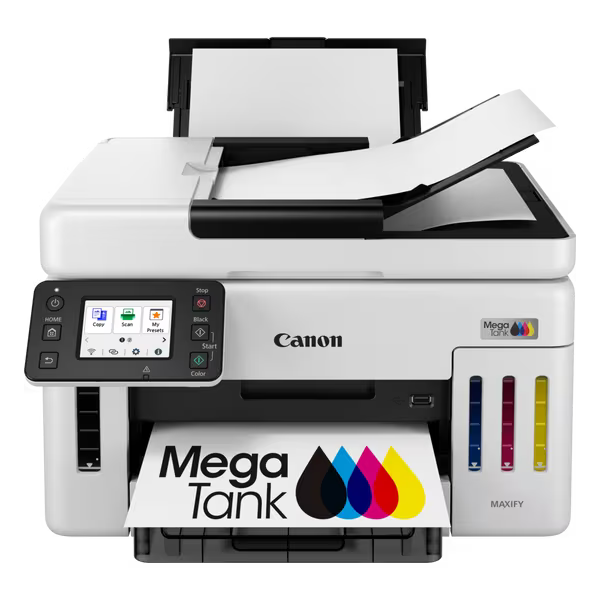 Biała drukarka Canon MegaTank Maxify ze zbiornikami na tusz i wydrukowanym arkuszem.