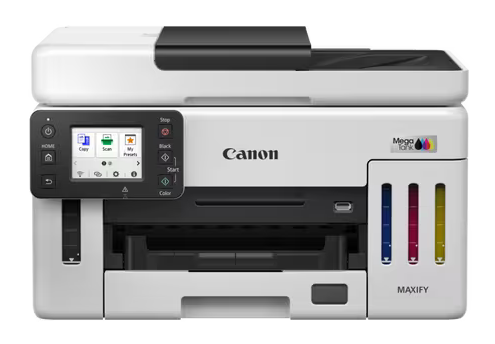 Biała drukarka Canon Maxify z Mega Tankiem i kolorowym wyświetlaczem.