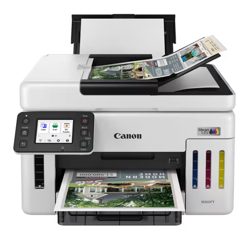 Biała drukarka Canon MAXIFY drukuje obraz domu.
