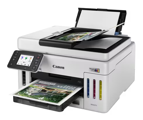 Biała drukarka Canon Maxify z Mega Tank, drukująca obraz domu.