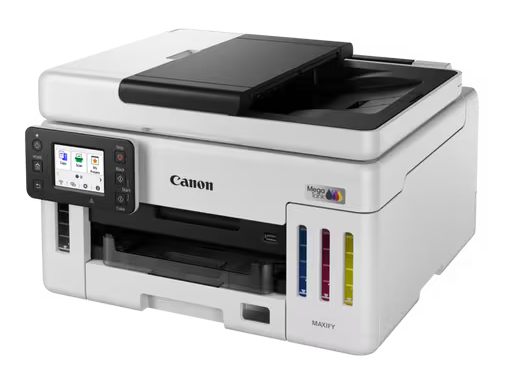 Biała drukarka Canon Maxify Mega Tank z kolorowym ekranem dotykowym i zbiornikami na atrament.