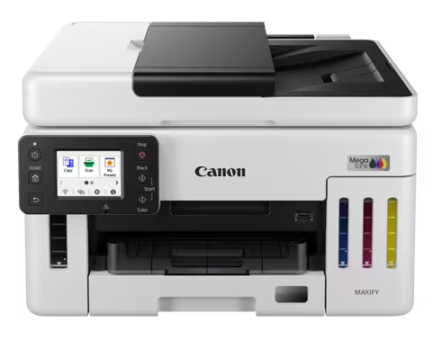 Biała drukarka Canon Maxify z Mega Tankiem i zbiornikami na tusz.