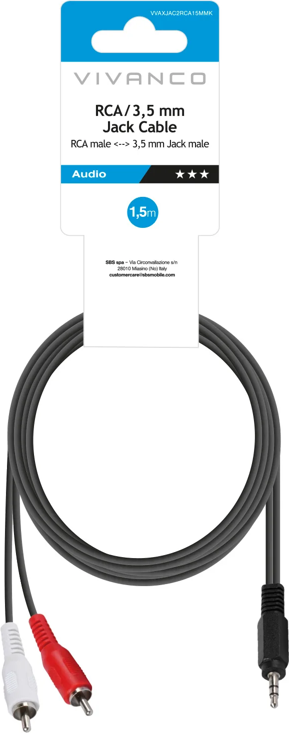 Ein graues Audiokabel mit RCA- und 3,5-mm-Steckern.