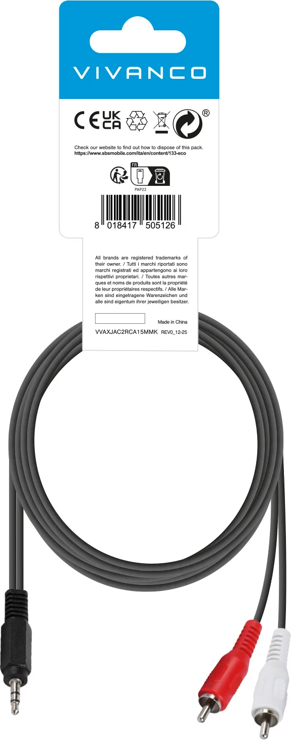 Ein schwarzes Audiokabel mit einem 3,5-mm-Stecker und zwei Cinch-Steckern (rot/weiß).