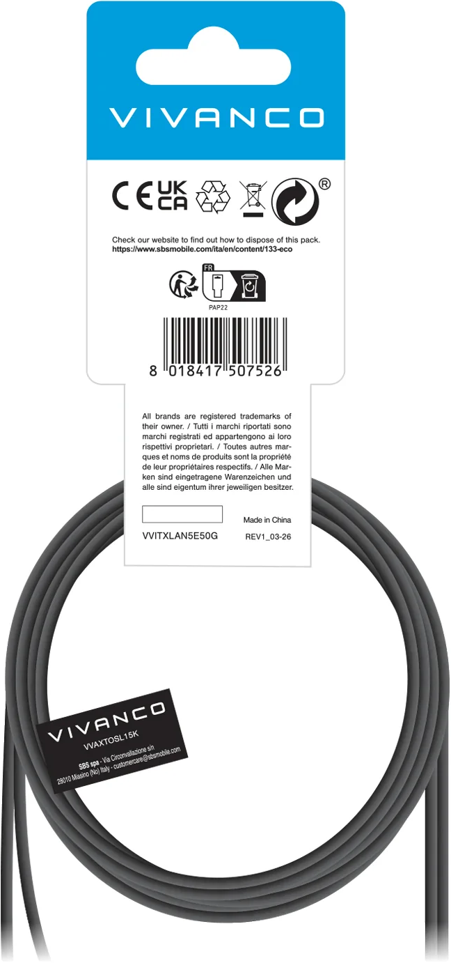 Ein graues Kabel ist auf der Verpackung von Vivanco gewickelt. Enthält Logos und Produktinformationen.