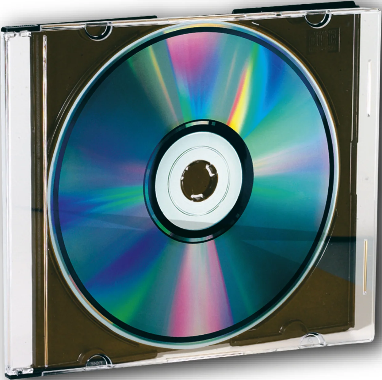 Eine CD mit Regenbogeneffekten in einer transparenten Hülle, Nahaufnahme.