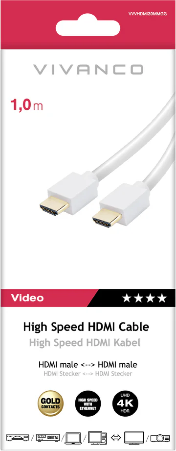 Weißes HDMI-Kabel 1m mit goldenen Kontakten, 4K HDR.