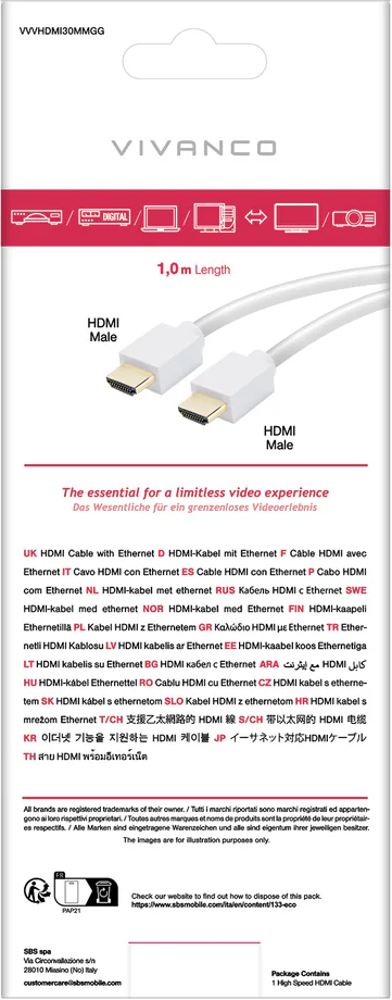 Ein weißes HDMI-Kabel mit zwei männlichen Anschlüssen und der Aufschrift '1,0 m Length'.