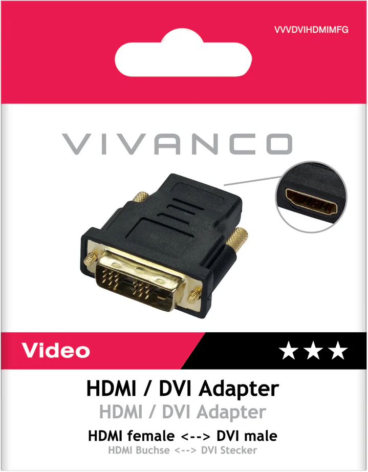 Ein schwarzer HDMI auf DVI Adapter mit goldfarbenen Anschlüssen und VIVANCO Logo.