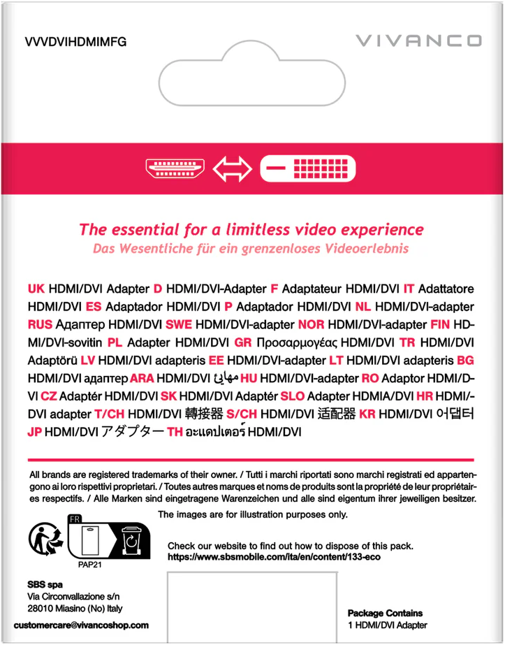Verpackung mit HDMI/DVI-Adapter, multilingualer Aufschrift und VIVANCO Logo.