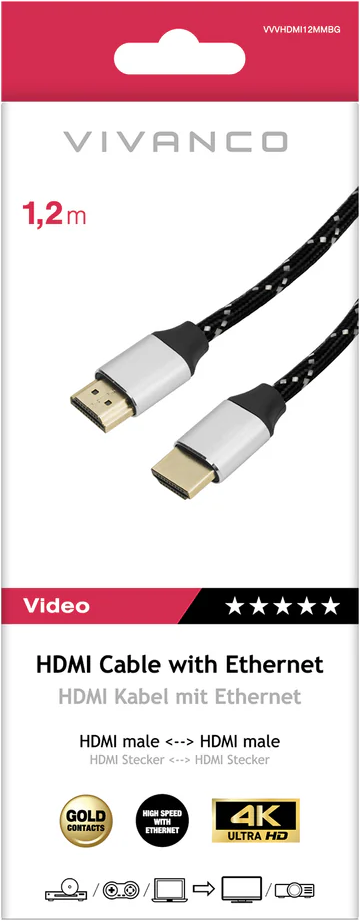 Ein 1,2m HDMI-Kabel mit Ethernet, Goldkontakten und 4K Ultra HD.