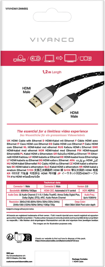 Vivanco HDMI-Kabel 1,2 m, männlich zu männlich, schwarz/silber.