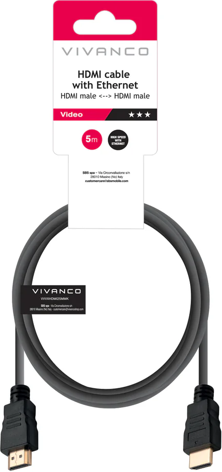 Ein graues 5m HDMI-Kabel mit Ethernet, männlich zu männlich, von Vivanco.