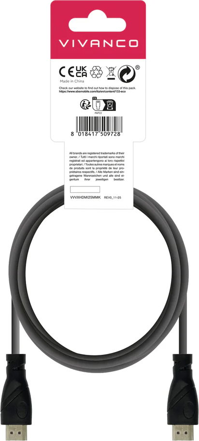 Ein schwarzes HDMI-Kabel mit Stecker an beiden Enden, mit Verpackung.
