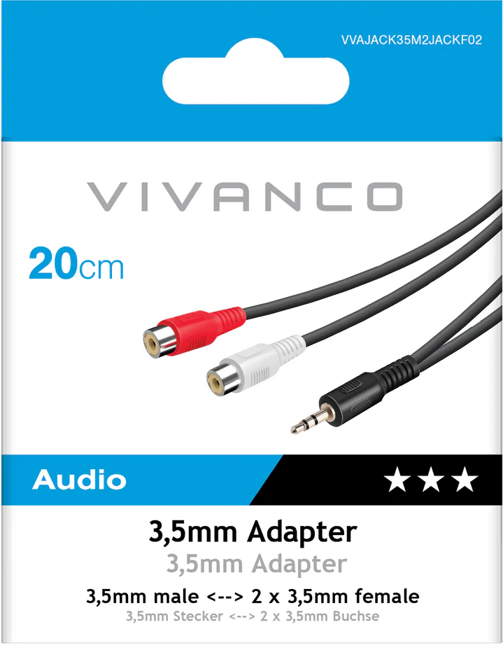 20cm Audio Adapter mit 3,5mm Klinke auf 2x Cinch, rot und weiß.